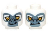 White Minifigure, Head Dual Sided Alien Chima Gorilla with Yellow Eyes, Fangs and Gray and White Face, Happy / Angry Pattern (Grizzam) - Hollow Stud