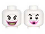 White Minifig, Head Dual Sided Black Eyebrows, Gray Wrinkles and Moustache, Dark Pink Lips, Wide Grin / Lips Pursed Pattern (Joker) - Stud Recessed