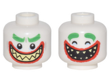 White Minifig, Head Dual Sided Green Eyebrows, Red Lips, Pointed Teeth, Wide Grin, Teeth Together / Open Mouth Pattern (Joker) - Stud Recessed