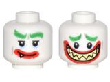 White Minifig, Head Dual Sided Green Eyebrows, Red Lips, 1 Fang, Sardonic Smile / Wide Grin, Worried Pattern (Joker) - Stud Recessed