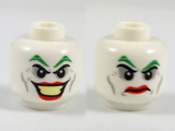 White Minifig, Head Dual Sided Green Eyebrows, Red Lips, Wide Smile / Disgusted Pattern (The Joker) - Stud Recessed