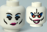 White Minifigure, Head Dual Sided Female, Black Eyebrows and Cheek Lines, Magenta Lips, Medium Blue Eyeshadow / Evil Open Mouth Grin and Red Eyes Pattern - Hollow Stud