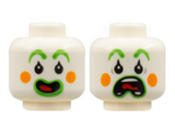 White Minifigure, Head Dual Sided Clown Bright Green Eyebrows and Lips, Orange Circles on Cheeks, Red Tongue, Open Smile / Scared Pattern - Hollow Stud