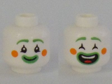 White Minifigure, Head Dual Sided Clown Bright Green Eyebrows and Lips, Orange Circles on Cheeks, Closed Mouth Smile and Open Eyes / Open Mouth Smile and Closed Eyes Pattern - Hollow Stud