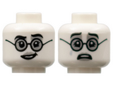 White Minifigure, Head Dual Sided Female, Black Eyebrows and Glasses, Light Bluish Gray Lips, Lopsided Grin / Sad with Tear Pattern - Hollow Stud