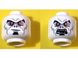 White Minifigure, Head Dual Sided Alien Black Eyebrows and Soul Patch, Red Eyes, Light Bluish Gray Eye Shadow and Lines, Smirk / Angry with Fangs Pattern - Hollow Stud
