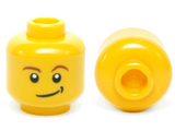 Yellow Minifigure, Head Brown Eyebrows, White Pupils, Lopsided Smile with Black Dimple Pattern - Hollow Stud