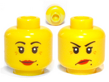 Yellow Minifig, Head Dual Sided Female Red Lips, Crow's Feet and Beauty Mark, Smile / Annoyed Pattern - Stud Recessed