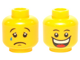 Yellow Minifigure, Head Dual Sided Huge Grin, White Pupils, Eyebrows / Sad with Tear, Convex Eyebrows Pattern - Hollow Stud