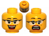 Yellow Minifigure, Head Dual Sided Female Glasses with Black Frames, Red Lips, Beauty Mark, Laughing / Scared Pattern - Hollow Stud