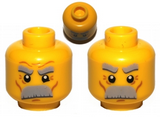 Yellow Minifigure, Head Dual Sided Thick Gray Moustache and Eyebrows, Determined / Angry Pattern - Hollow Stud