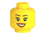 Yellow Minifig, Head Female with Peach Lips, Open Mouth Smile, Black Eyebrows Pattern - Stud Recessed