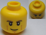 Yellow Minifig, Head Black and Dark Tan Eyebrows, White Pupils, Cheek Lines Pattern - Stud Recessed