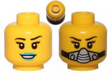 Yellow Minifigure, Head Dual Sided Female Black Eyebrows, Eyelashes, Blue Lips, Smile / Breathing Apparatus Pattern - Hollow Stud