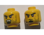 Yellow Minifigure, Head Dual Sided Beard Stubble, Black Goatee, Bushy Eyebrows, Grim Mouth with Teeth / Closed Mouth Pattern - Hollow Stud