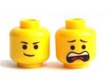 Yellow Minifigure, Head Dual Sided Black Eyebrows, Lopsided Smile / Open Mouth Scared Pattern (Emmet) - Hollow Stud