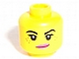Yellow Minifig, Head Female with Black Eyebrows, Eyelashes, Pink Lips, Freckles, Lopsided Smile Pattern - Stud Recessed