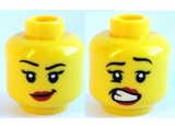 Yellow Minifig, Head Dual Sided Female Black Eyebrows, Eyelashes, Red Lips, Lopsided Smile / Scared Open Mouth with Teeth Pattern - Stud Recessed