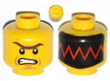 Yellow Minifigure, Head Dual Sided Male with Unibrow, Cheek Lines, Angry / Red Zigzag Line on Black Background Pattern - Hollow Stud