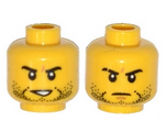 Yellow Minifigure, Head Dual Sided Beard Stubble, Black Eyebrows, Determined, Open Mouth / Mouth Closed, Scar on Right Eyebrow Pattern - Hollow Stud