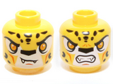 Yellow Minifigure, Head Dual Sided Alien Chima Leopard with Bright Light Orange Eyes, Fangs and Black Spots, Neutral / Angry Pattern (Lundor) - Hollow Stud