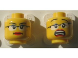 Yellow Minifigure, Head Dual Sided Female Glasses with Black Frames, Red Lips, Determined / Scared Pattern - Hollow Stud