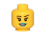Yellow Minifigure, Head Female with Black Eyebrows, Eyelashes, Blue Lips, Smile Pattern - Hollow Stud