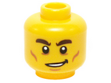 Yellow Minifigure, Head Male Dark Brown Bushy Eyebrows, Cheek Lines and Lopsided Smile Pattern - Hollow Stud