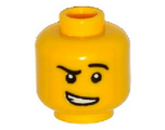Yellow Minifigure, Head Black Eyebrows, Raised Left Eyebrow, White Pupils, Crooked Open Smile with Teeth Pattern - Hollow Stud