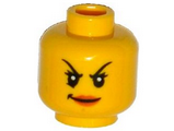 Yellow Minifigure, Head Female with Black Arched Thin Eyebrows, Eyelashes, Dark Pink Lips, Evil Smile Pattern - Hollow Stud