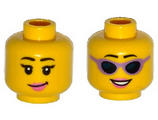 Yellow Minifigure, Head Dual Sided Female Black Eyebrows, Pink Lips, Eyelashes / Sunglasses with Purple Frames Pattern - Hollow Stud