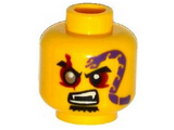 Yellow Minifigure, Head Black Eyebrows, Red Eyes with Silver Pupil Right, Goatee, Purple Snake Tattoo, Open Mouth with Fangs Pattern - Hollow Stud