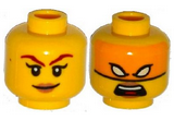Yellow Minifigure, Head Dual Sided Female Dark Red Eyebrows, Dark Tan Lips, Smile / Bright Light Orange Mask, White Eyes, Open Mouth Pattern - Hollow Stud
