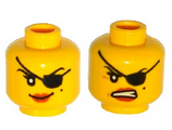 Yellow Minifigure, Head Dual Sided Female with Eyepatch, Smile / Angry Mouth with Teeth Pattern - Hollow Stud