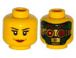 Yellow Minifig, Head Dual Sided Female Black Eyebrows, Eyelashes, Brown Lips / Green and Gold Robot, Red Eyes and Eyebrows Pattern - Stud Recessed