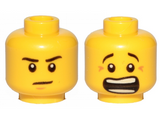 Yellow Minifigure, Head Dual Sided Black Eyebrows, White Pupils, Brown Chin Dimple, Mouth Open Scared / Mouth Closed Stern Pattern - Hollow Stud