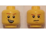 Yellow Minifigure, Head Dual Sided Dark Orange Eyebrows, Crooked Smile with Teeth / Determined, Closed Mouth Pattern - Hollow Stud