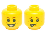 Yellow Minifigure, Head Dual Sided Brown Eyebrows, White Pupils, Freckles and Smiling / Scared Pattern - Hollow Stud
