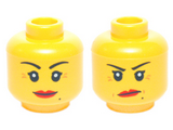 Yellow Minifigure, Head Dual Sided Female Red Lips, Crow's Feet and Beauty Mark, Smile / Annoyed with Short Frown Lines Pattern - Hollow Stud