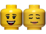 Yellow Minifigure, Head Dual Sided Female Black Eyebrows, Freckles, Eyelashes, Peach Lips, Open Smile with Teeth / Sleeping Pattern - Hollow Stud