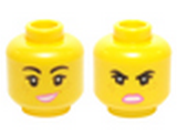 Yellow Minifig, Head Dual Sided Female Black Eyebrows, Eyelashes, Freckles, Pink Lips, Open Mouth Smile / Angry Pattern (Wyldstyle) - Stud Recessed
