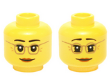Yellow Minifigure, Head Dual Sided Female Dark Tan Glasses, Laugh Lines, Dark Orange Lips, Neutral / Raised Eyebrows Amused Pattern - Hollow Stud