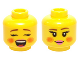 Yellow Minifigure, Head Dual Sided Female Rosy Cheeks, Brown Eyebrows, Pink Lips, Open Mouth / Closed Mouth Smile Pattern (Caroler) - Hollow Stud