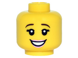 Yellow Minifigure, Head Female with Brown Downturned Eyebrows, Eyelashes, Open Smile with Pink Lips Pattern - Hollow Stud