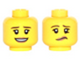 Yellow Minifig, Head Dual Sided Female Dark Brown Eyebrows, Dark Tan Lips with Open Smile / Lip and Eyebrow Raised Pattern - Stud Recessed