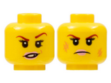Yellow Minifigure, Head Dual Sided Female Dark Red Eyebrows, Pink Lips, Frown, Scratches / Eyebrow Raised, Chipped Toothed Smirk Pattern - Hollow Stud