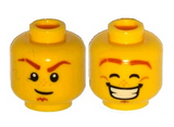 Yellow Minifigure, Head Dual Sided Dark Orange Eyebrows with Scar, Soul Patch, Medium Nougat Freckles, Determined / Smile with Teeth, Dimples, Eyes Closed Pattern - Hollow Stud