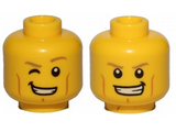 Yellow Minifigure, Head Dual Sided Dark Tan Eyebrows, Cheek Lines, Smile with Right Eye Winking / Smile with Teeth Pattern - Hollow Stud