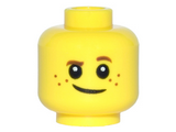 Yellow Minifigure, Head Brown Eyebrows, Raised Left Eyebrow, Freckles, White Pupils, Crooked Smile Pattern - Hollow Stud