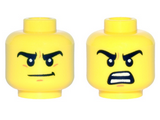 Yellow Minifigure, Head Dual Sided Black Thick Eyebrows, White Pupils, Orange Chin Dimple, Crooked Smile / Open Mouth Angry Pattern - Hollow Stud